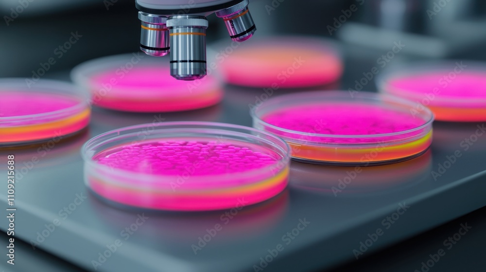 Poster colorful petri dishes under microscope for science experiment in laboratory setting