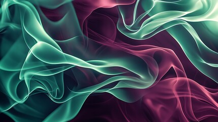 Obraz premium A mesmerizing abstract composition of maroon and emerald green smoke, curling and intertwining like ribbons on a gradient of twilight colors, glowing as if lit from within.