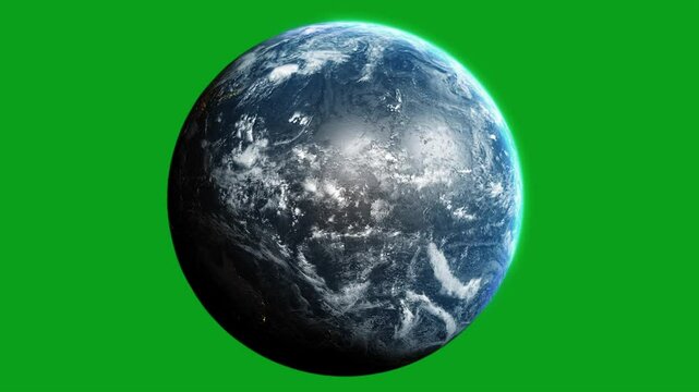 Partially lit planet Earth rotating 360 degrees with night lights from continents in dark area. Green screen chroma key background. Seamless loop. daily rotation of 3d planet earth with clouds around