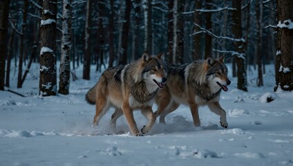 Wolves running through a snow-covered forest at dusk.
