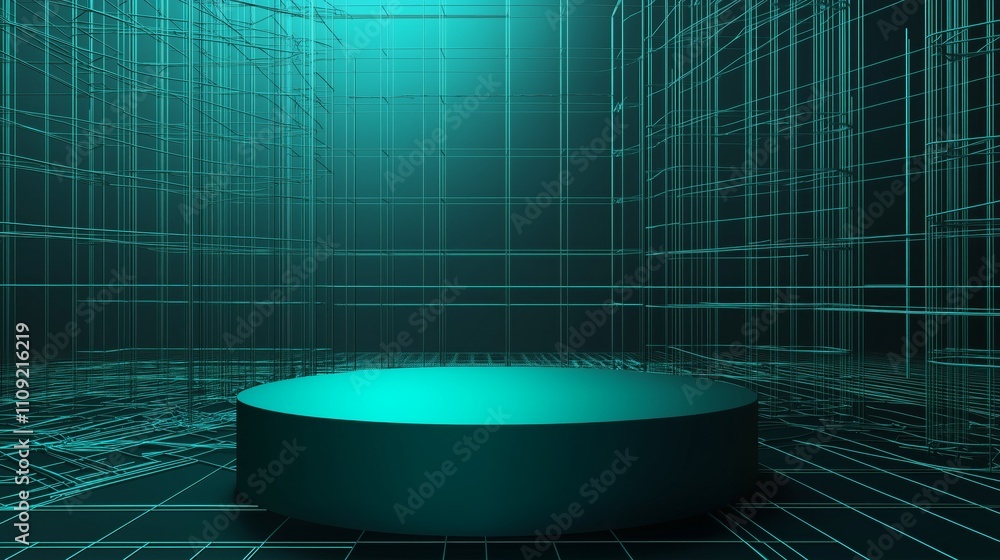 Aufkleber modern 3d podium in ample empty space with wireframe surroundings