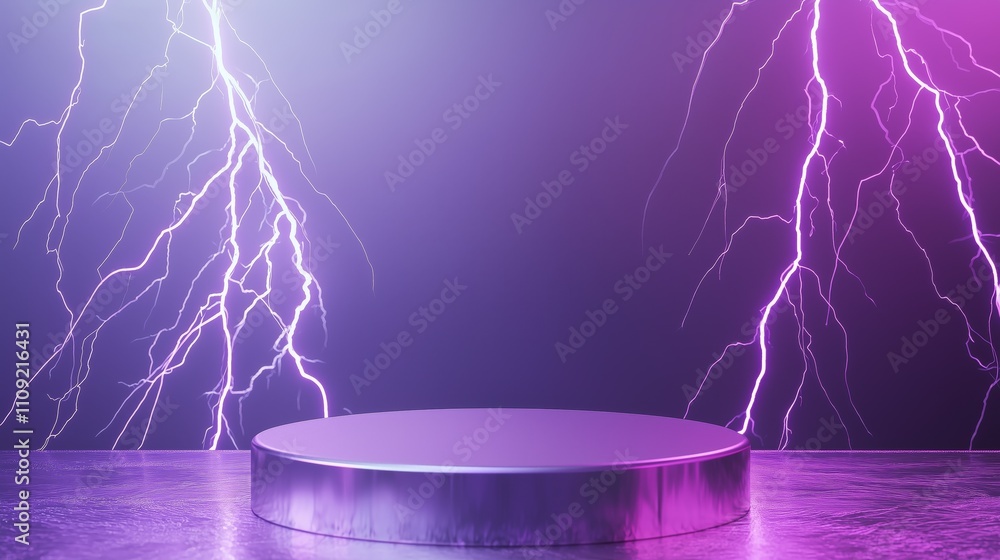 Poster sleek 3d podium in empty space with electric lightning surrounding
