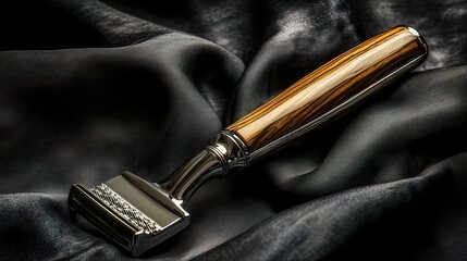 Naklejka premium Luxurious chrome and wood shaving razor on black silk.