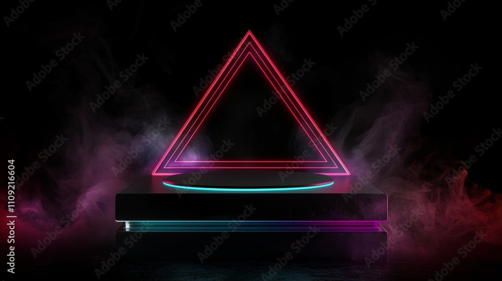 Poster sleek 3d podium in empty space with colorful neon surrounding