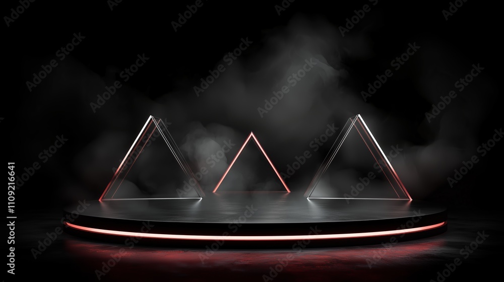 Poster sleek 3d podium in empty space with triangular structures surrounding
