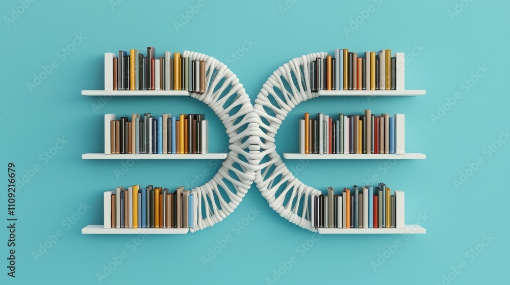 Poster unique bookshelf design featuring creative intertwined structure with colorful books