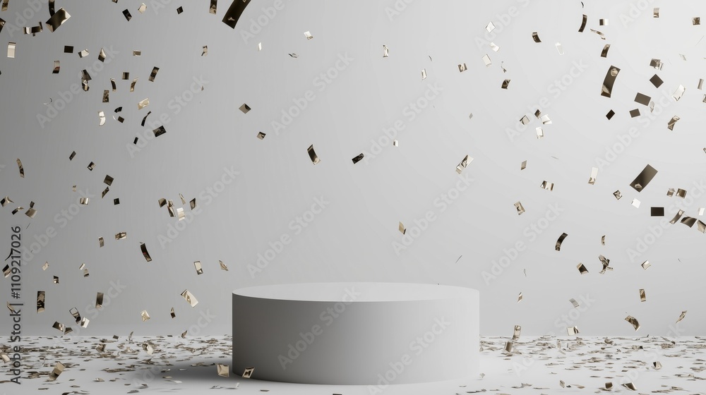 Poster sleek 3d podium surrounded by large empty area with confetti