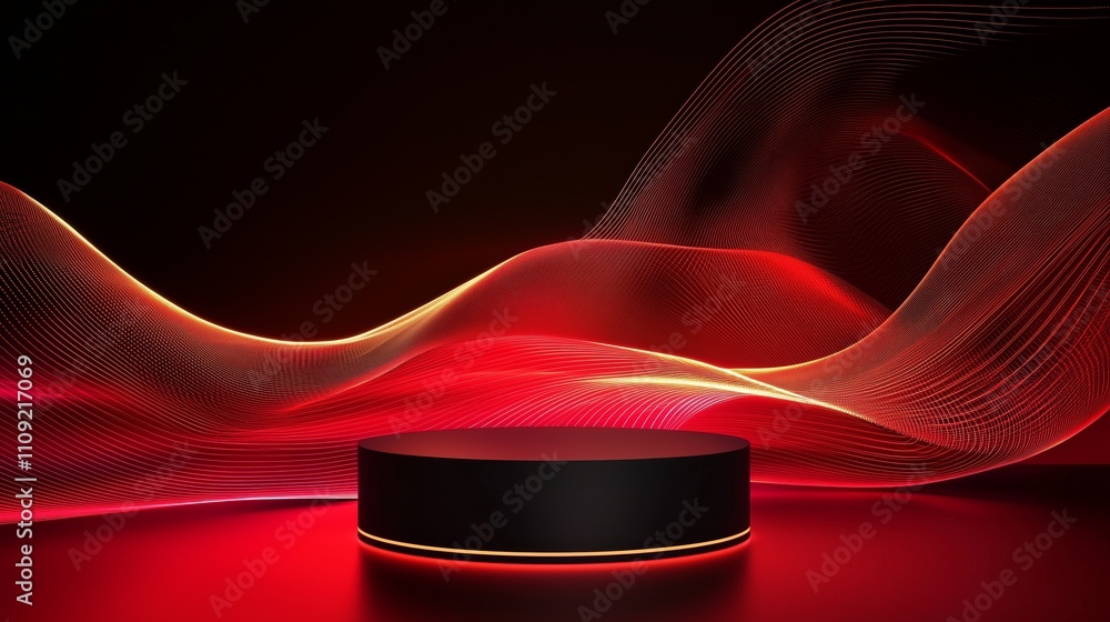 Poster sleek 3d podium with ample empty space and vibrant red waves