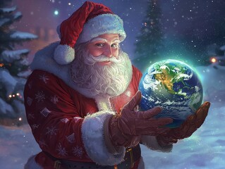 Santa Claus Holding Glowing Earth Globe in Snowy Winter Wonderland