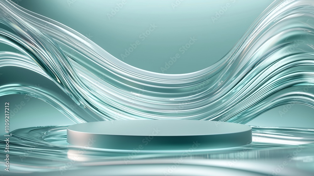 Poster Modern 3D Podium in Ample Empty Space with Fluid Waves Background