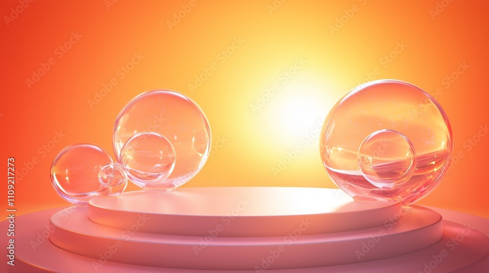 Poster modern 3d podium surrounded by ample empty space and bubbles