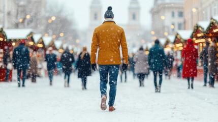 Obraz premium Man Walking Through Snowy Market in Winter Amidst Festive Holiday Atmosphere