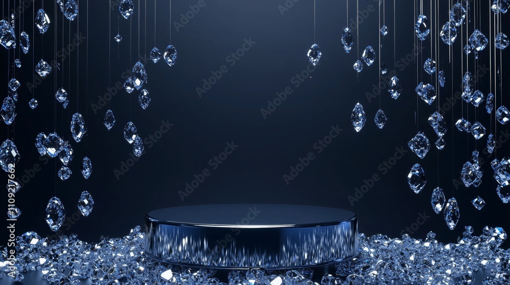 Poster elegant 3d podium surrounded by shimmering gems and empty space