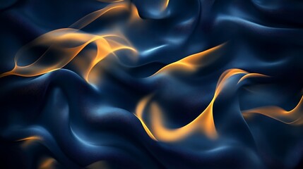 A mesmerizing abstract composition of navy blue and golden yellow smoke, curling and intertwining like ribbons on a soft velvet, glowing as if lit from within.