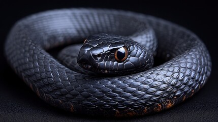 Obraz premium Black Snake Coiled Dark Reptile Wildlife Photography Closeup