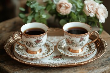 Fototapeta premium Two cups of coffee on a tray with a floral design