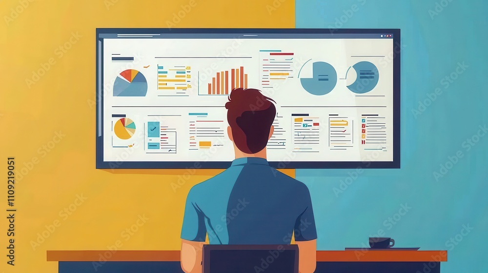 Aufkleber business analyst reviewing colorful charts and graphs on digital dashboard screen