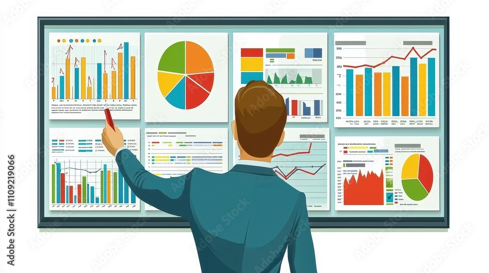 Poster business analyst reviewing colorful data charts and graphics on presentation board
