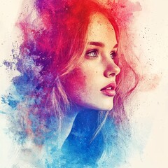Vibrant Watercolor Splash Portrait of Mysterious Redheaded Woman