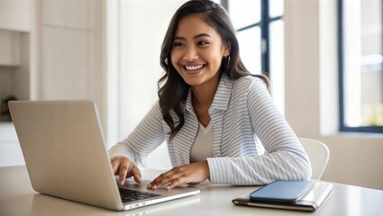 Smiling millennial latin young woman watching movie, app, video call on laptop. Happy hispanic female student has remote online educational class lecture, distant freelance entrepreneur work at home