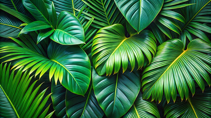 beautiful green jungle of lush palm leaves, palm trees in an exotic tropical forest, wild tropical plants nature concept for panorama wallpaper