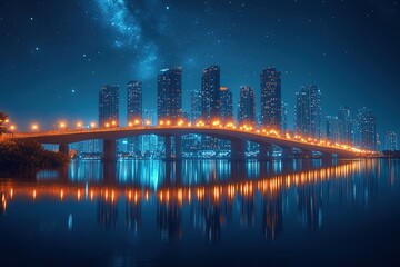 Obraz premium A bridge over a river with a city skyline in the background