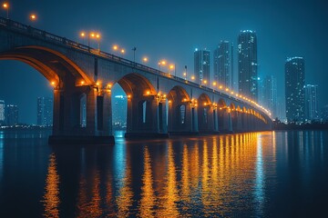 A bridge over a river with a city skyline in the background