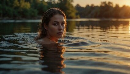 Fototapeta premium Woman in a river at sunset.