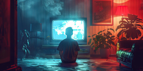 Television (Retro TV Commercial): A figure watching a retro TV commercial, symbolizing the advertising culture