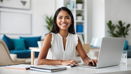 Smiling millennial latin young woman watching movie, app, video call on laptop. Happy hispanic female student has remote online educational class lecture, distant freelance entrepreneur work at home
