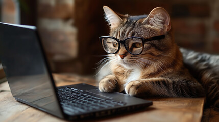 Smart Cat Wearing Glasses Working Intently on a Laptop Computer