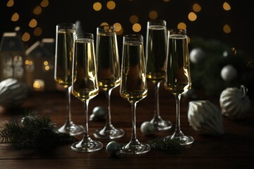 Champagne in glasses and Christmas decor on wooden table against blurred lights. Bokeh effect