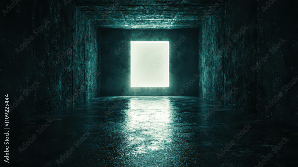 Poster mysterious underground tunnel with distant glowing square light source