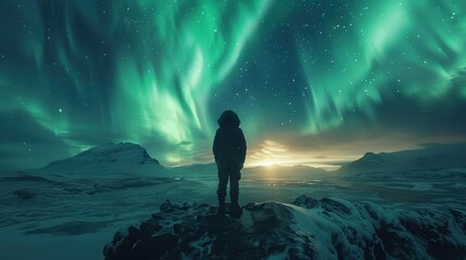 Fototapeta premium A serene silhouette stands before a breathtaking aurora borealis, illuminating the night sky with vibrant green and blue hues.