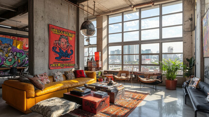 Urban Loft Living Room with Large Windows and Artistic Touches