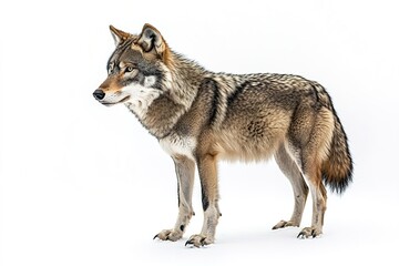 Obraz premium Alert wolf standing isolated on white background, side view.