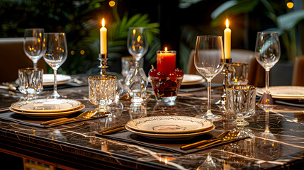 Elegant Dinner Table Setting with Candles and Fine Tableware