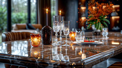 Elegant Dining Table Setting with Candles and Crystal Glassware