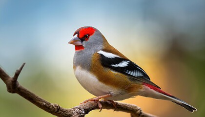 Red browed finch perched on branch