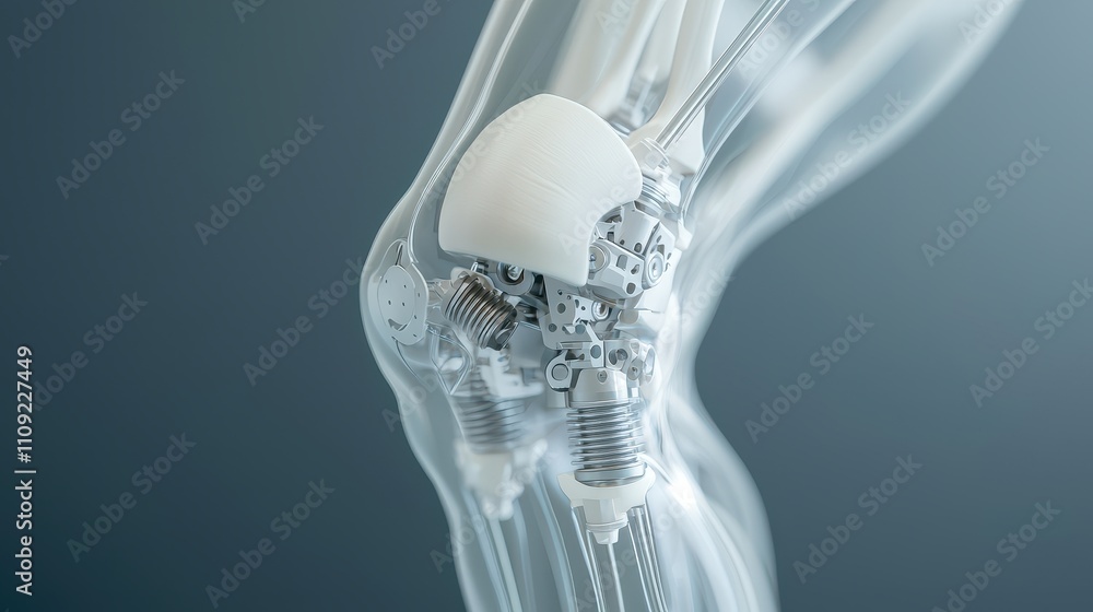 Poster artificial knee and joint concept, detailed view of transparent artificial knee implant with layered