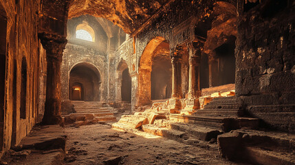 A sunlit interior of a ruined ancient building