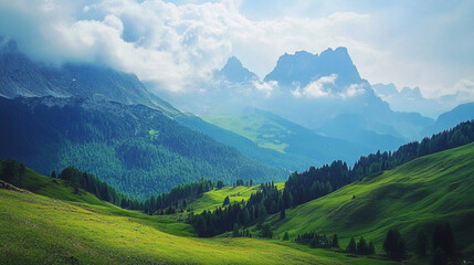 Fototapeta premium A valley with lush green hills and mountains