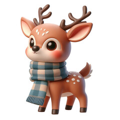 Obraz premium A cute 3D christmas reindeer with a scarf on a white background.