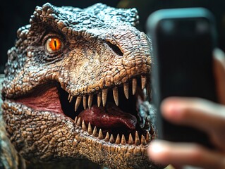 Obraz premium Realistic dinosaur taking a selfie with a smartphone in a lively environment