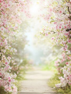 Fototapeta A dreamy spring backdrop with soft pink and white cherry blossoms, gentle sunlight streaming through, and a blurred garden path in the background.