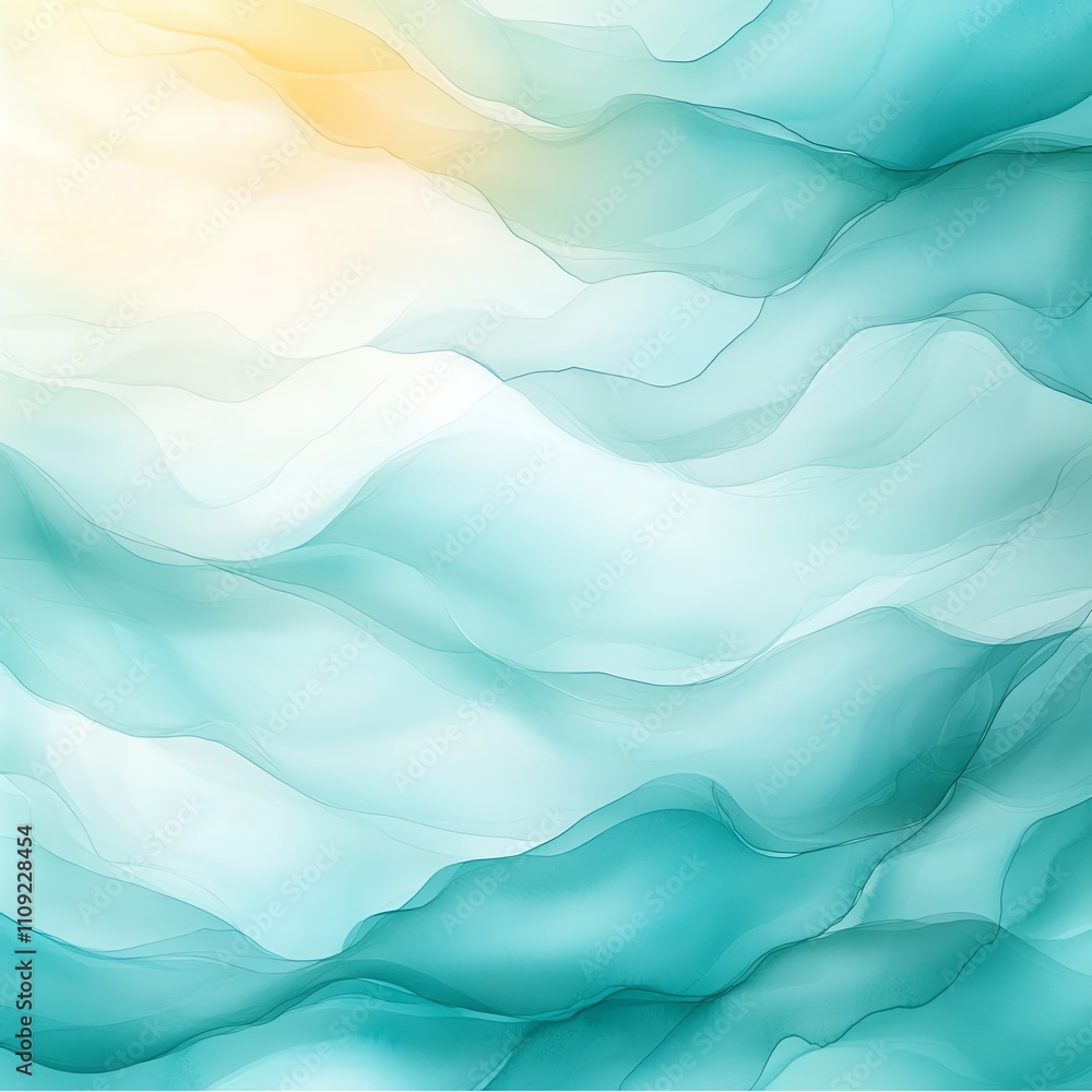 Poster a serene abstract background featuring soft waves in shades of teal and light yellow. perfect for us