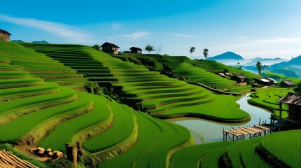 Obraz premium Green rice terrace field in village and surrounded by rolling hills Landscape Photography , Rice, misty sky, Field, Green, Nature.