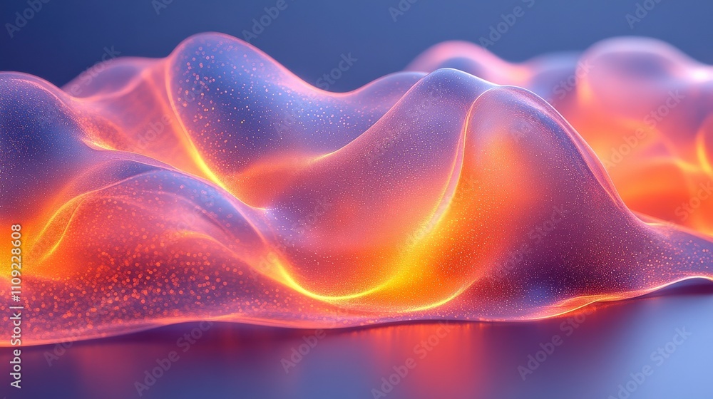 Poster abstract representation of colorful fluid waves illuminated by soft light, featuring organic shapes 
