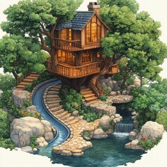 Fototapeta premium A whimsical treehouse nestled among lush greenery with a winding path and serene water features.