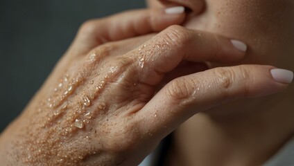 Woman scratching eczema on her hand, suffering irritation.